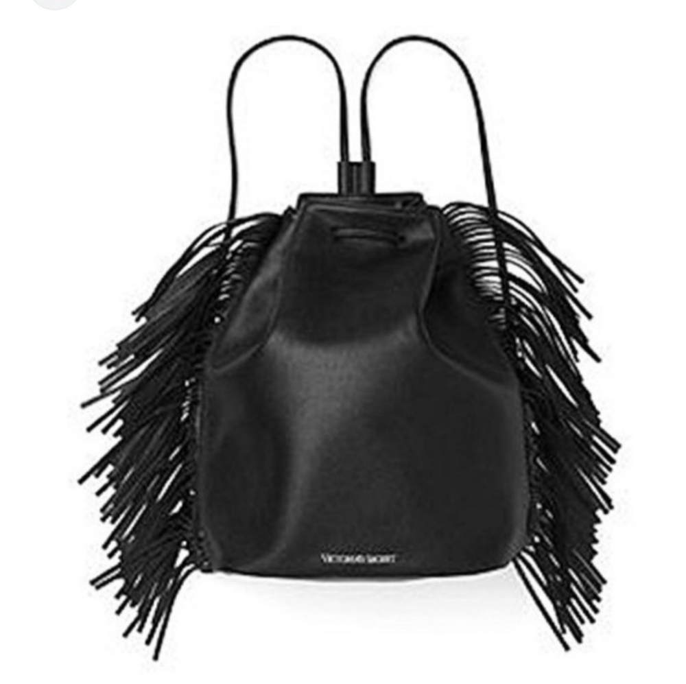 Victoria's Secret VS Black Faux Leather Western Boho Fringe Backpack NWT - Picture 3 of 16